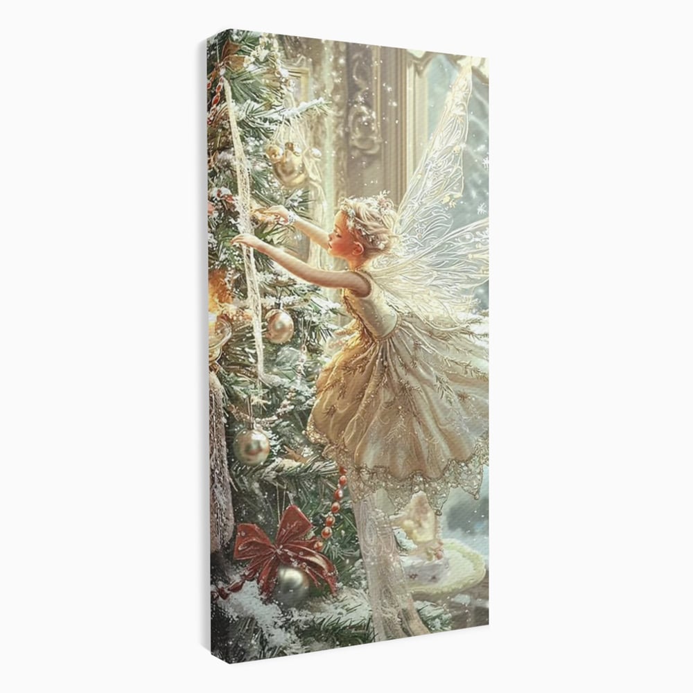 Leinwand Wandkunst Canvas Premium, LuxCanva® D1124, Weihnachtsfee, Flügel, Fenster, Flügel, Flügel, Fenster, Tanne, Staub, Sterne, Magie, Tanz, Märchen, Märchen, Tanzen, Märchen, Engel, Fee, Wunder, Weihnachten, Wohnen, Schlafzimmer