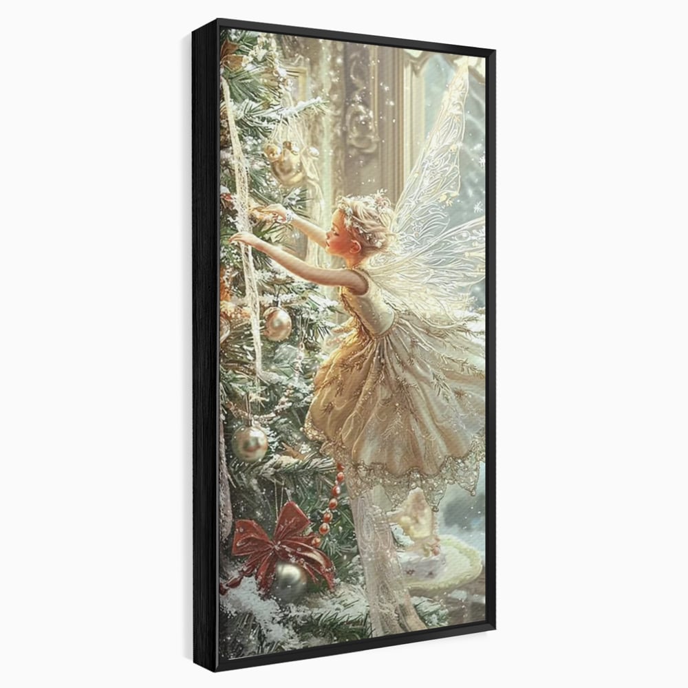 Leinwand Wandkunst Canvas Premium, LuxCanva® D1124, Weihnachtsfee, Flügel, Fenster, Flügel, Flügel, Fenster, Tanne, Staub, Sterne, Magie, Tanz, Märchen, Märchen, Tanzen, Märchen, Engel, Fee, Wunder, Weihnachten, Wohnen, Schlafzimmer