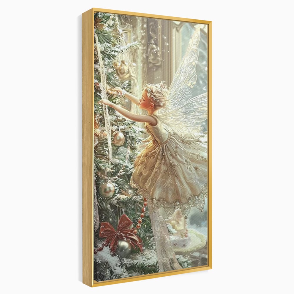 Leinwand Wandkunst Canvas Premium, LuxCanva® D1124, Weihnachtsfee, Flügel, Fenster, Flügel, Flügel, Fenster, Tanne, Staub, Sterne, Magie, Tanz, Märchen, Märchen, Tanzen, Märchen, Engel, Fee, Wunder, Weihnachten, Wohnen, Schlafzimmer