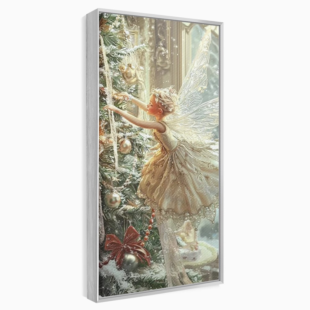 Leinwand Wandkunst Canvas Premium, LuxCanva® D1124, Weihnachtsfee, Flügel, Fenster, Flügel, Flügel, Fenster, Tanne, Staub, Sterne, Magie, Tanz, Märchen, Märchen, Tanzen, Märchen, Engel, Fee, Wunder, Weihnachten, Wohnen, Schlafzimmer
