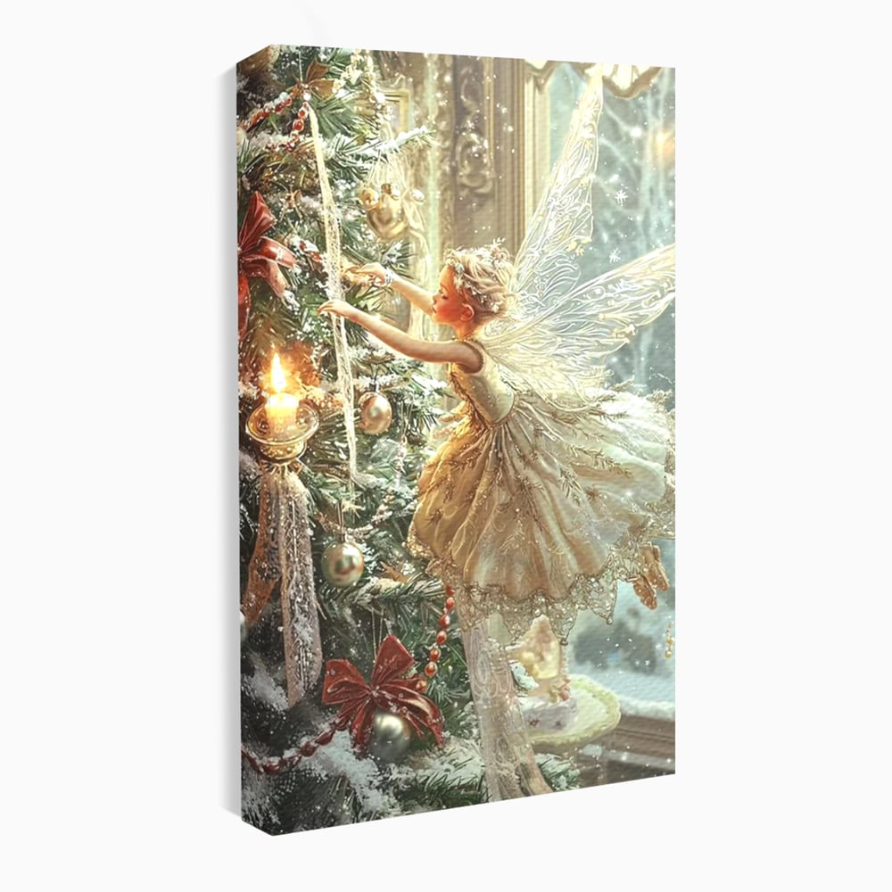 Leinwand Wandkunst Canvas Premium, LuxCanva® D1124, Weihnachtsfee, Flügel, Fenster, Flügel, Flügel, Fenster, Tanne, Staub, Sterne, Magie, Tanz, Märchen, Märchen, Tanzen, Märchen, Engel, Fee, Wunder, Weihnachten, Wohnen, Schlafzimmer