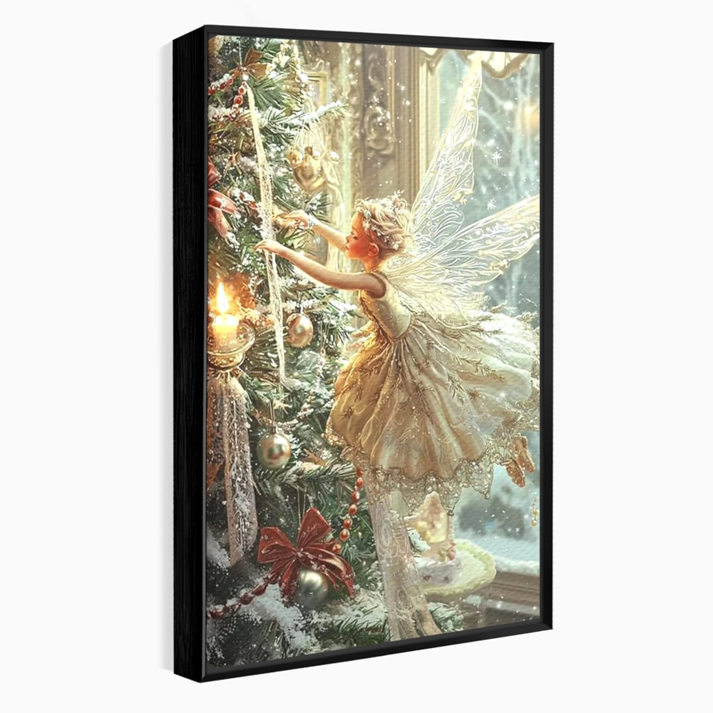 Leinwand Wandkunst Canvas Premium, LuxCanva® D1124, Weihnachtsfee, Flügel, Fenster, Flügel, Flügel, Fenster, Tanne, Staub, Sterne, Magie, Tanz, Märchen, Märchen, Tanzen, Märchen, Engel, Fee, Wunder, Weihnachten, Wohnen, Schlafzimmer