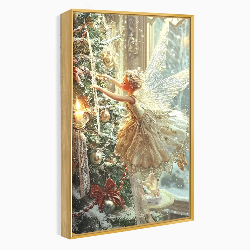 Leinwand Wandkunst Canvas Premium, LuxCanva® D1124, Weihnachtsfee, Flügel, Fenster, Flügel, Flügel, Fenster, Tanne, Staub, Sterne, Magie, Tanz, Märchen, Märchen, Tanzen, Märchen, Engel, Fee, Wunder, Weihnachten, Wohnen, Schlafzimmer