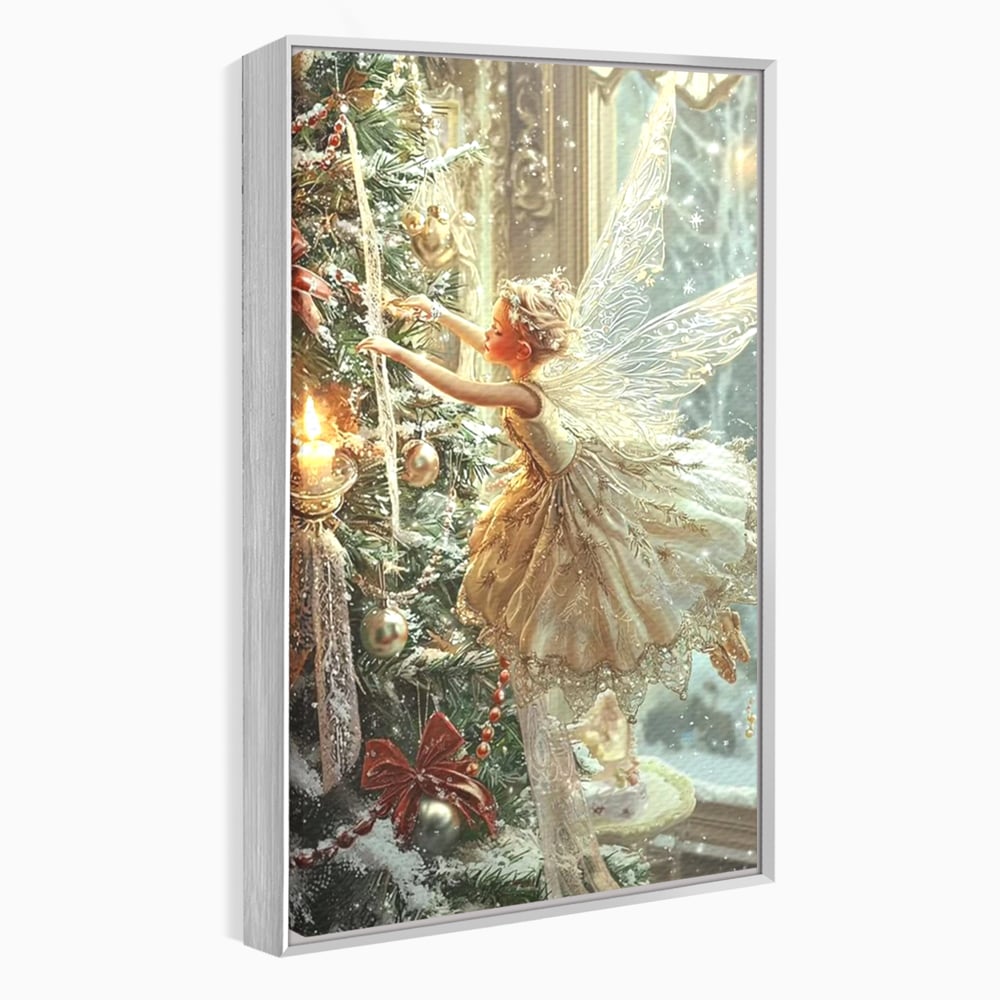 Leinwand Wandkunst Canvas Premium, LuxCanva® D1124, Weihnachtsfee, Flügel, Fenster, Flügel, Flügel, Fenster, Tanne, Staub, Sterne, Magie, Tanz, Märchen, Märchen, Tanzen, Märchen, Engel, Fee, Wunder, Weihnachten, Wohnen, Schlafzimmer