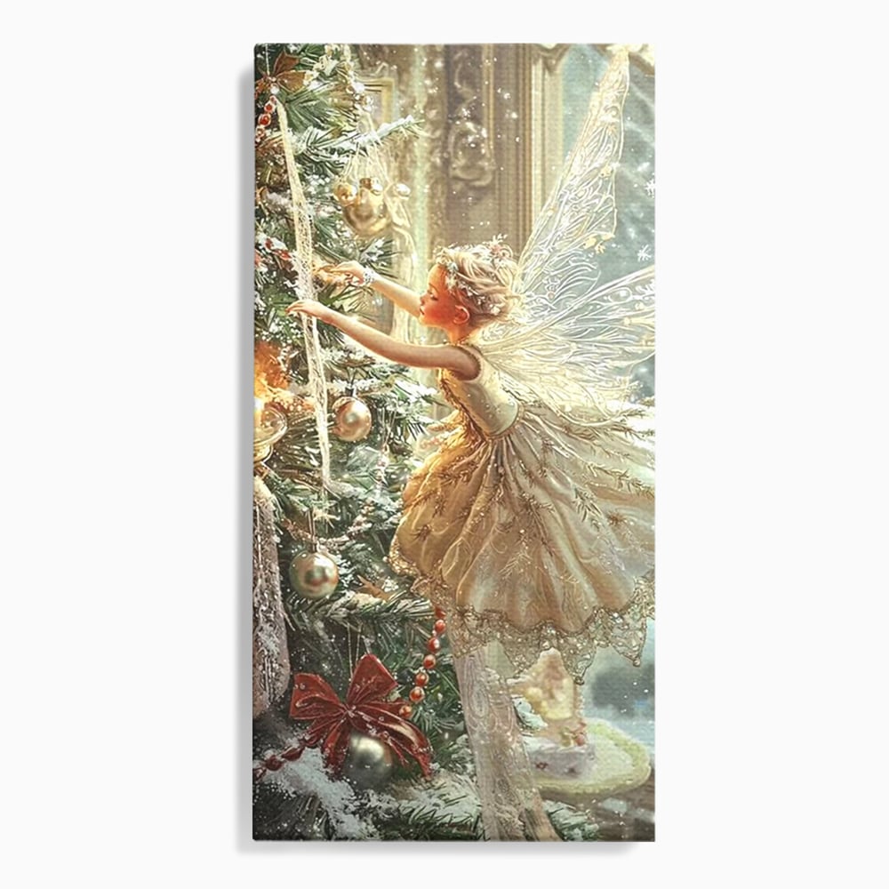 Leinwand Wandkunst Canvas Premium, LuxCanva® D1124, Weihnachtsfee, Flügel, Fenster, Flügel, Flügel, Fenster, Tanne, Staub, Sterne, Magie, Tanz, Märchen, Märchen, Tanzen, Märchen, Engel, Fee, Wunder, Weihnachten, Wohnen, Schlafzimmer