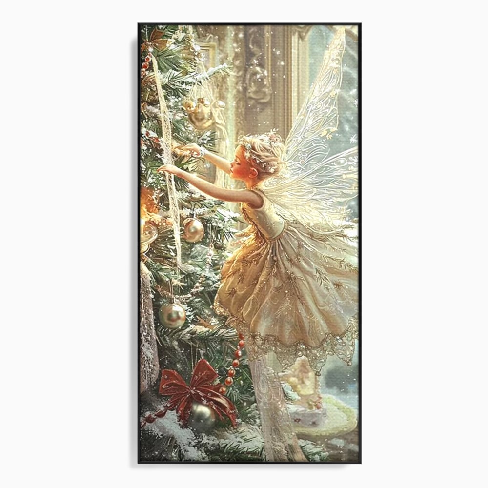 Leinwand Wandkunst Canvas Premium, LuxCanva® D1124, Weihnachtsfee, Flügel, Fenster, Flügel, Flügel, Fenster, Tanne, Staub, Sterne, Magie, Tanz, Märchen, Märchen, Tanzen, Märchen, Engel, Fee, Wunder, Weihnachten, Wohnen, Schlafzimmer