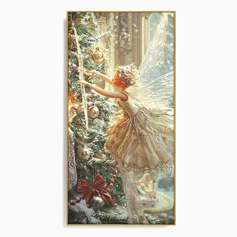 Leinwand Wandkunst Canvas Premium, LuxCanva® D1124, Weihnachtsfee, Flügel, Fenster, Flügel, Flügel, Fenster, Tanne, Staub, Sterne, Magie, Tanz, Märchen, Märchen, Tanzen, Märchen, Engel, Fee, Wunder, Weihnachten, Wohnen, Schlafzimmer