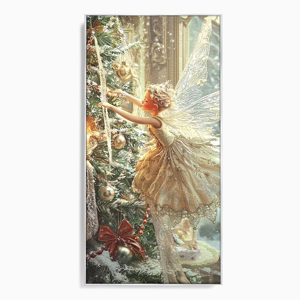 Leinwand Wandkunst Canvas Premium, LuxCanva® D1124, Weihnachtsfee, Flügel, Fenster, Flügel, Flügel, Fenster, Tanne, Staub, Sterne, Magie, Tanz, Märchen, Märchen, Tanzen, Märchen, Engel, Fee, Wunder, Weihnachten, Wohnen, Schlafzimmer
