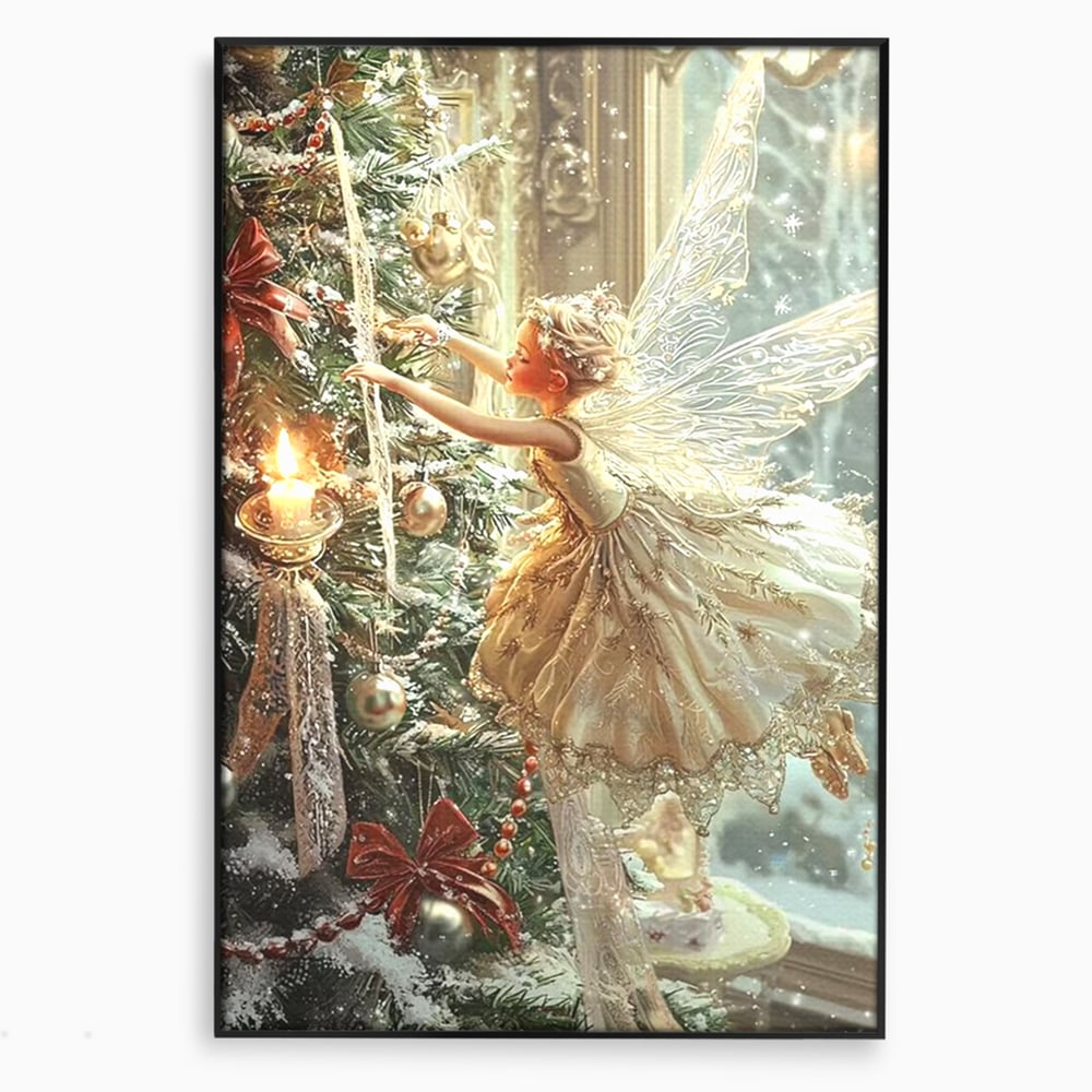 Leinwand Wandkunst Canvas Premium, LuxCanva® D1124, Weihnachtsfee, Flügel, Fenster, Flügel, Flügel, Fenster, Tanne, Staub, Sterne, Magie, Tanz, Märchen, Märchen, Tanzen, Märchen, Engel, Fee, Wunder, Weihnachten, Wohnen, Schlafzimmer