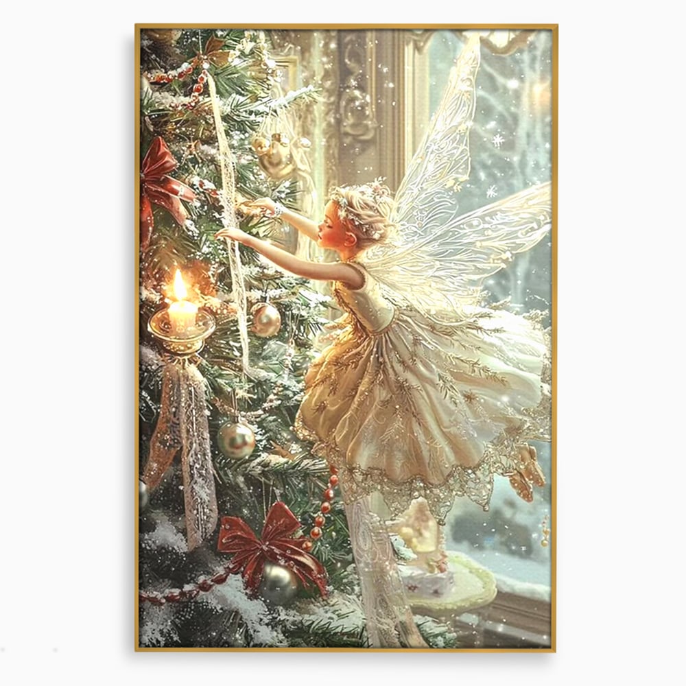 Leinwand Wandkunst Canvas Premium, LuxCanva® D1124, Weihnachtsfee, Flügel, Fenster, Flügel, Flügel, Fenster, Tanne, Staub, Sterne, Magie, Tanz, Märchen, Märchen, Tanzen, Märchen, Engel, Fee, Wunder, Weihnachten, Wohnen, Schlafzimmer