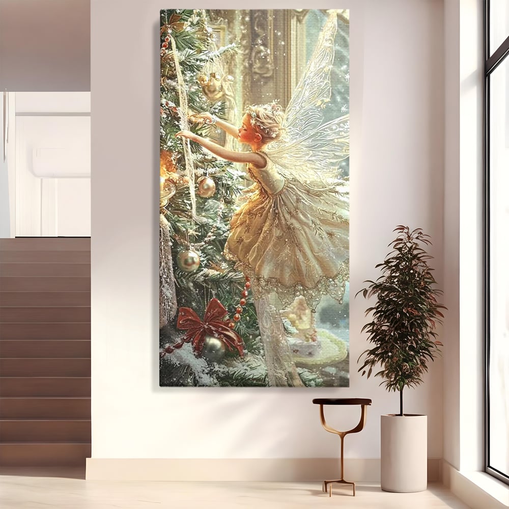 Leinwand Wandkunst Canvas Premium, LuxCanva® D1124, Weihnachtsfee, Flügel, Fenster, Flügel, Flügel, Fenster, Tanne, Staub, Sterne, Magie, Tanz, Märchen, Märchen, Tanzen, Märchen, Engel, Fee, Wunder, Weihnachten, Wohnen, Schlafzimmer