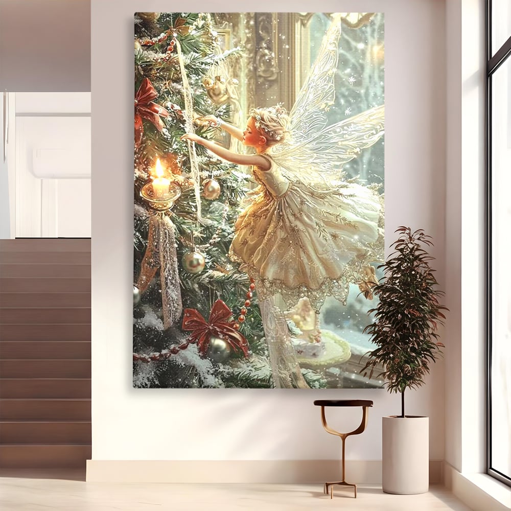 Leinwand Wandkunst Canvas Premium, LuxCanva® D1124, Weihnachtsfee, Flügel, Fenster, Flügel, Flügel, Fenster, Tanne, Staub, Sterne, Magie, Tanz, Märchen, Märchen, Tanzen, Märchen, Engel, Fee, Wunder, Weihnachten, Wohnen, Schlafzimmer