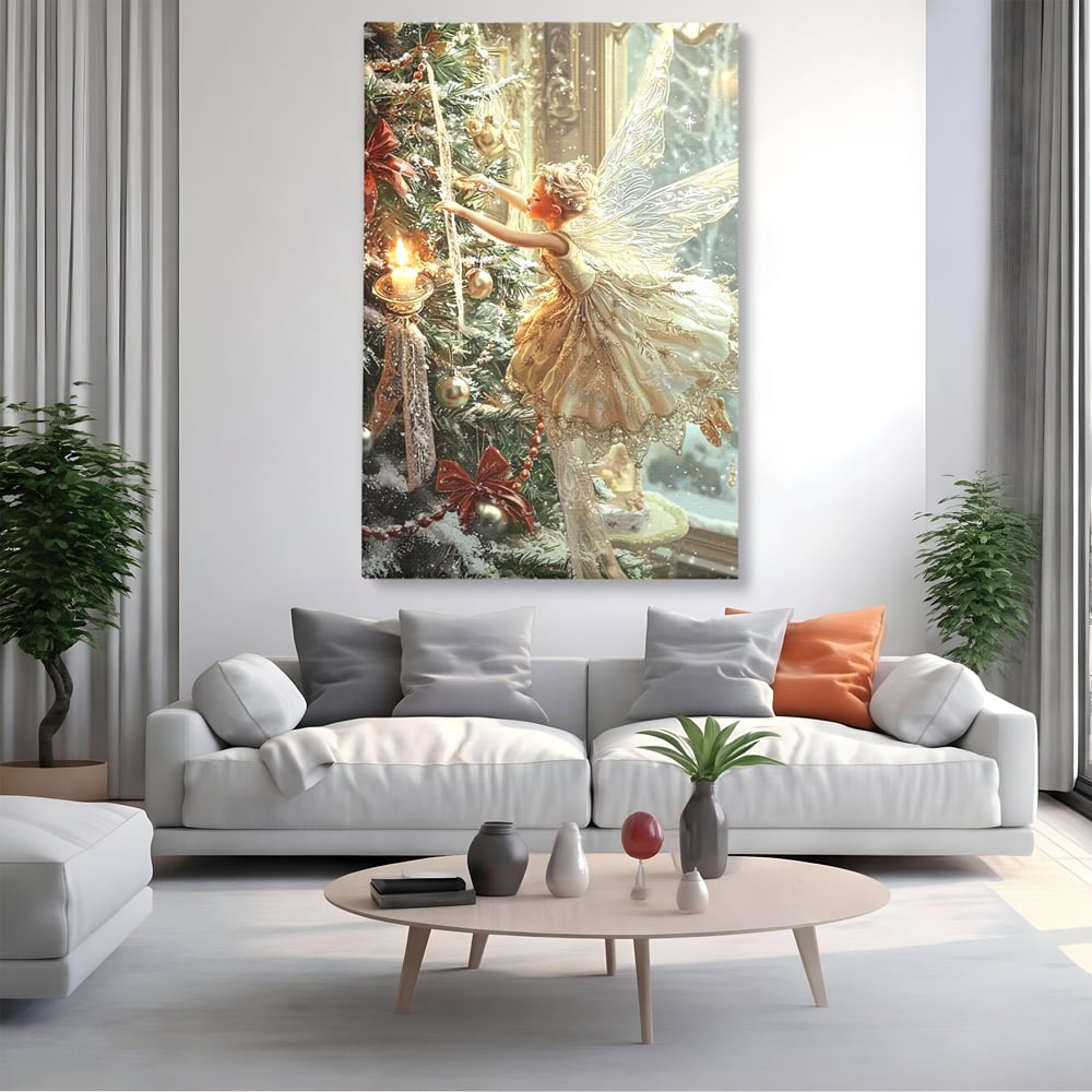 Leinwand Wandkunst Canvas Premium, LuxCanva® D1124, Weihnachtsfee, Flügel, Fenster, Flügel, Flügel, Fenster, Tanne, Staub, Sterne, Magie, Tanz, Märchen, Märchen, Tanzen, Märchen, Engel, Fee, Wunder, Weihnachten, Wohnen, Schlafzimmer