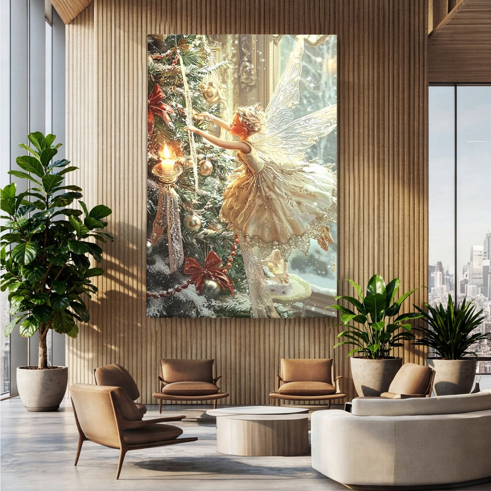 Leinwand Wandkunst Canvas Premium, LuxCanva® D1124, Weihnachtsfee, Flügel, Fenster, Flügel, Flügel, Fenster, Tanne, Staub, Sterne, Magie, Tanz, Märchen, Märchen, Tanzen, Märchen, Engel, Fee, Wunder, Weihnachten, Wohnen, Schlafzimmer
