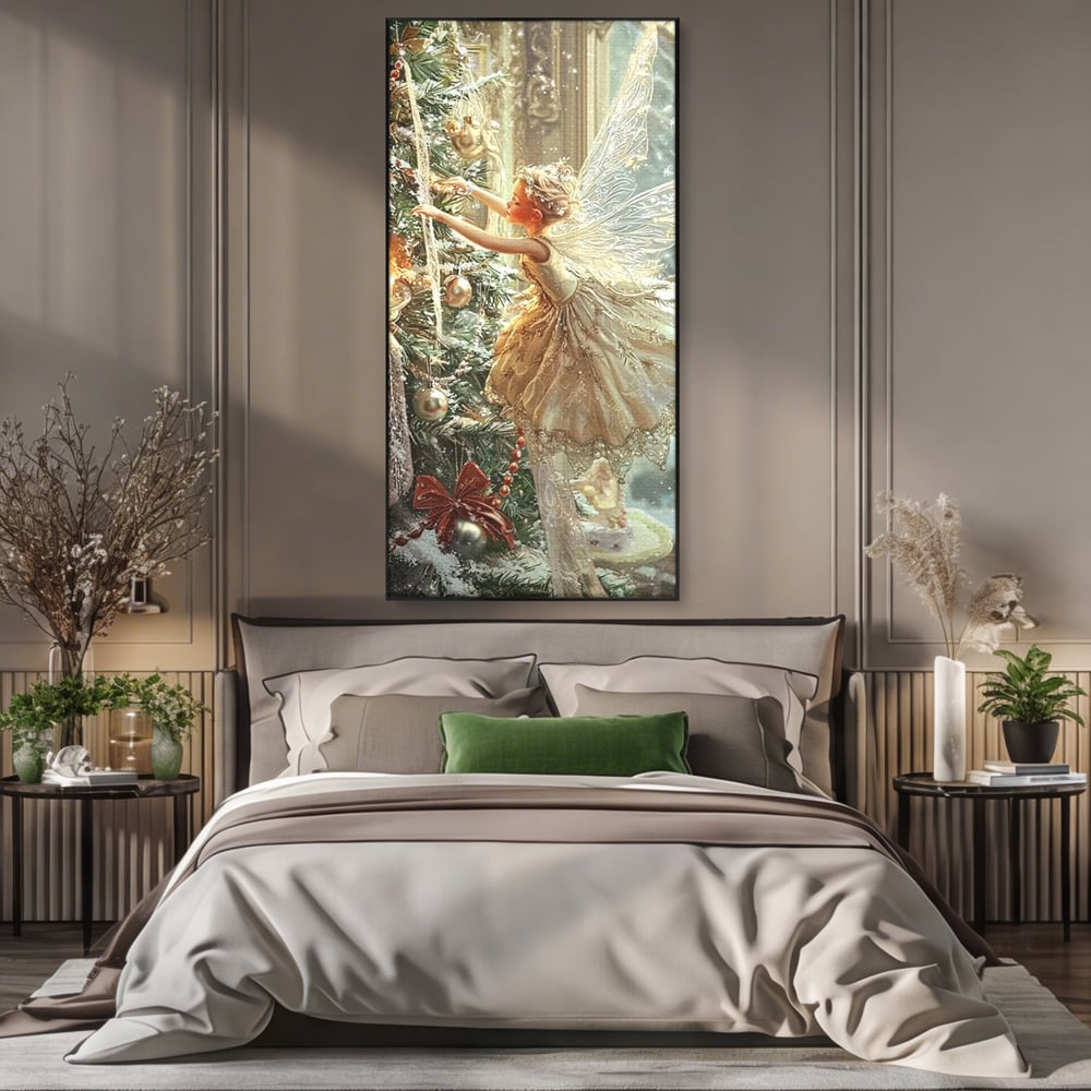 Leinwand Wandkunst Canvas Premium, LuxCanva® D1124, Weihnachtsfee, Flügel, Fenster, Flügel, Flügel, Fenster, Tanne, Staub, Sterne, Magie, Tanz, Märchen, Märchen, Tanzen, Märchen, Engel, Fee, Wunder, Weihnachten, Wohnen, Schlafzimmer