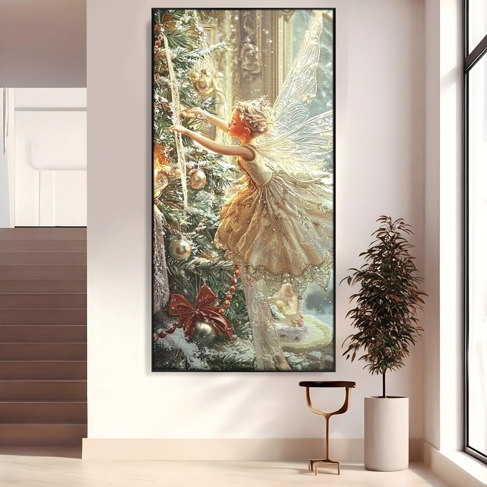 Leinwand Wandkunst Canvas Premium, LuxCanva® D1124, Weihnachtsfee, Flügel, Fenster, Flügel, Flügel, Fenster, Tanne, Staub, Sterne, Magie, Tanz, Märchen, Märchen, Tanzen, Märchen, Engel, Fee, Wunder, Weihnachten, Wohnen, Schlafzimmer