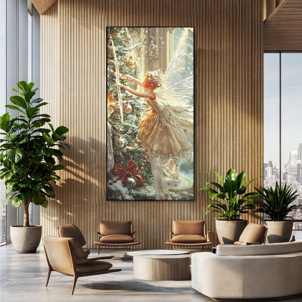 Leinwand Wandkunst Canvas Premium, LuxCanva® D1124, Weihnachtsfee, Flügel, Fenster, Flügel, Flügel, Fenster, Tanne, Staub, Sterne, Magie, Tanz, Märchen, Märchen, Tanzen, Märchen, Engel, Fee, Wunder, Weihnachten, Wohnen, Schlafzimmer