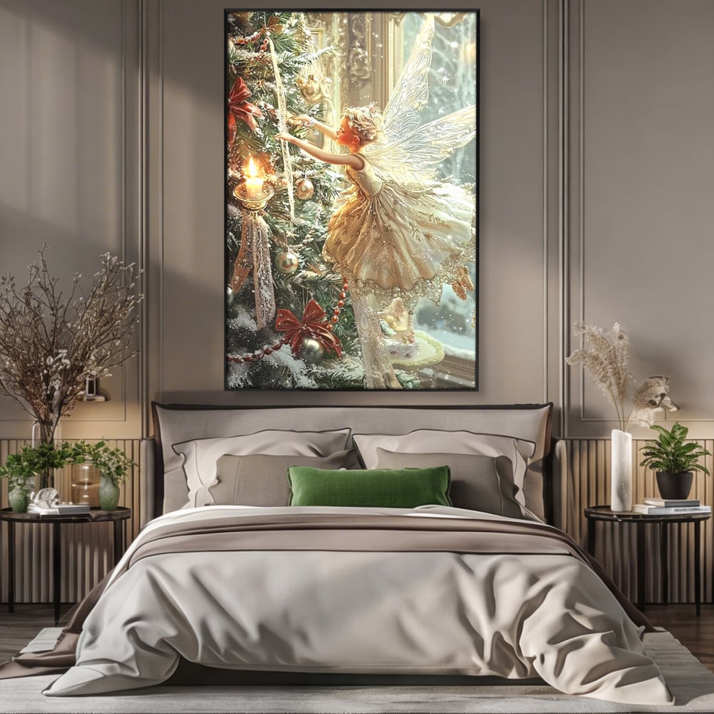 Leinwand Wandkunst Canvas Premium, LuxCanva® D1124, Weihnachtsfee, Flügel, Fenster, Flügel, Flügel, Fenster, Tanne, Staub, Sterne, Magie, Tanz, Märchen, Märchen, Tanzen, Märchen, Engel, Fee, Wunder, Weihnachten, Wohnen, Schlafzimmer