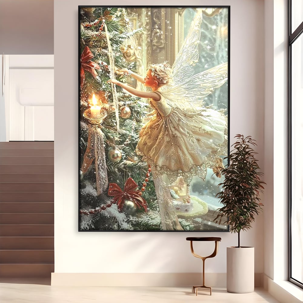 Leinwand Wandkunst Canvas Premium, LuxCanva® D1124, Weihnachtsfee, Flügel, Fenster, Flügel, Flügel, Fenster, Tanne, Staub, Sterne, Magie, Tanz, Märchen, Märchen, Tanzen, Märchen, Engel, Fee, Wunder, Weihnachten, Wohnen, Schlafzimmer