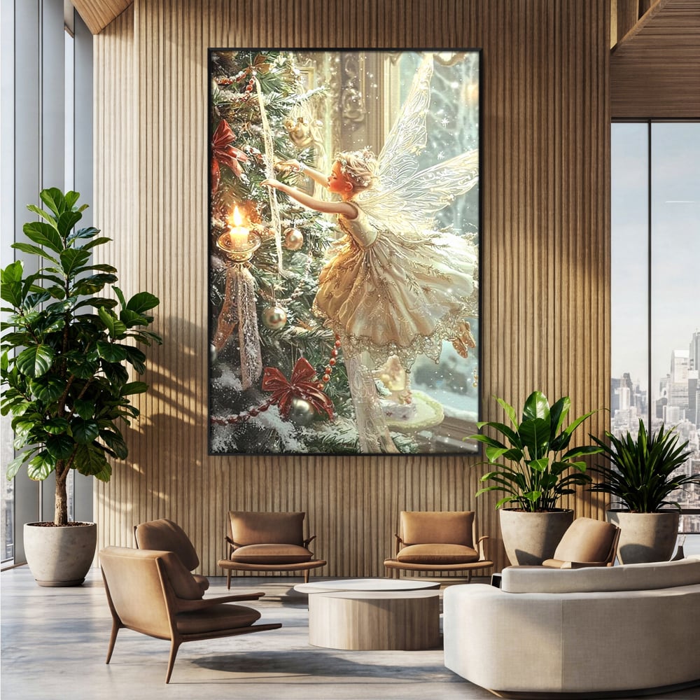 Leinwand Wandkunst Canvas Premium, LuxCanva® D1124, Weihnachtsfee, Flügel, Fenster, Flügel, Flügel, Fenster, Tanne, Staub, Sterne, Magie, Tanz, Märchen, Märchen, Tanzen, Märchen, Engel, Fee, Wunder, Weihnachten, Wohnen, Schlafzimmer