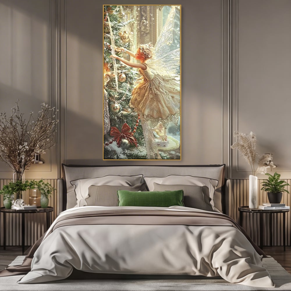 Leinwand Wandkunst Canvas Premium, LuxCanva® D1124, Weihnachtsfee, Flügel, Fenster, Flügel, Flügel, Fenster, Tanne, Staub, Sterne, Magie, Tanz, Märchen, Märchen, Tanzen, Märchen, Engel, Fee, Wunder, Weihnachten, Wohnen, Schlafzimmer