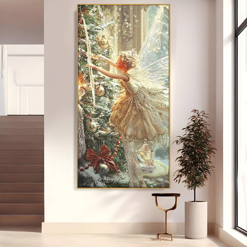 Leinwand Wandkunst Canvas Premium, LuxCanva® D1124, Weihnachtsfee, Flügel, Fenster, Flügel, Flügel, Fenster, Tanne, Staub, Sterne, Magie, Tanz, Märchen, Märchen, Tanzen, Märchen, Engel, Fee, Wunder, Weihnachten, Wohnen, Schlafzimmer