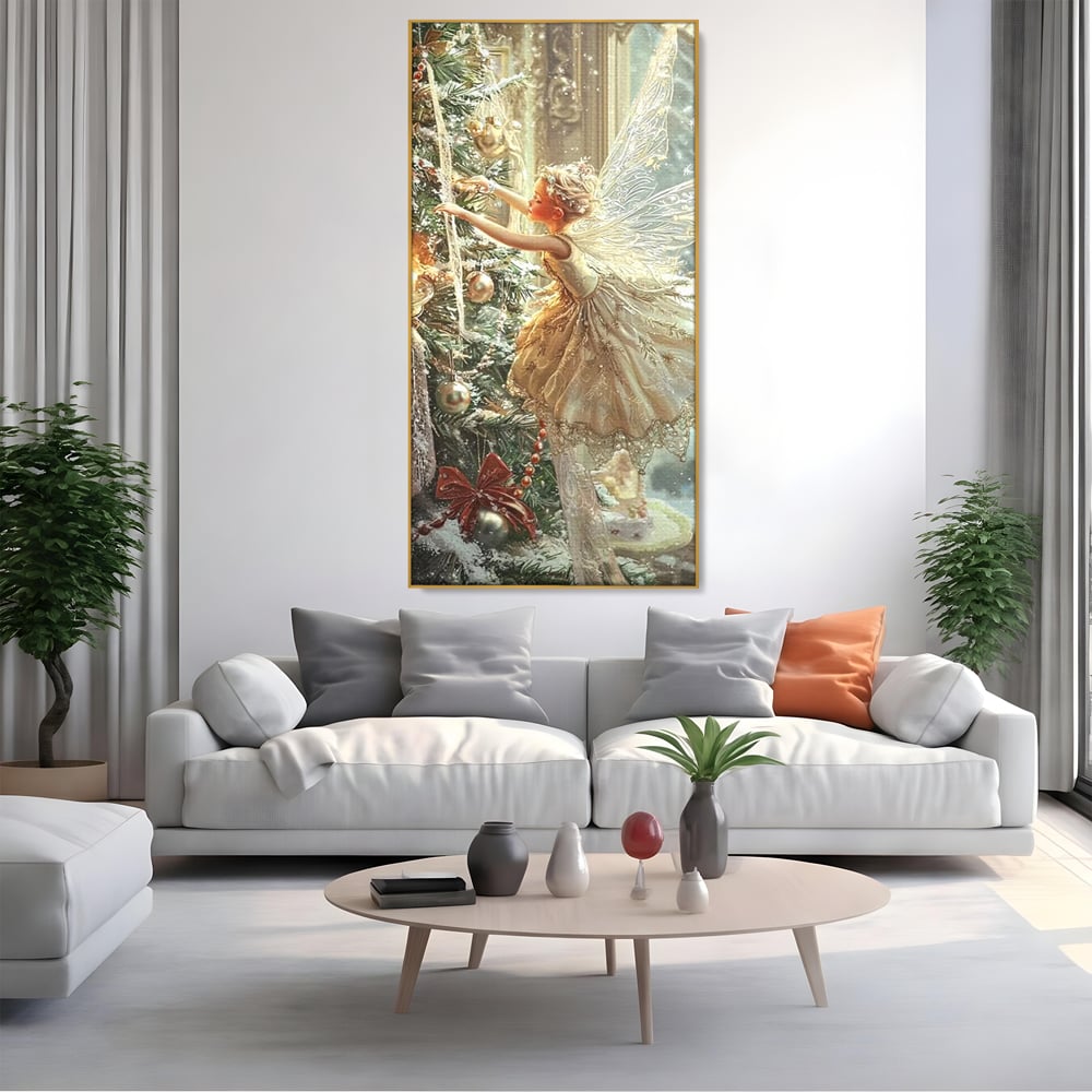 Leinwand Wandkunst Canvas Premium, LuxCanva® D1124, Weihnachtsfee, Flügel, Fenster, Flügel, Flügel, Fenster, Tanne, Staub, Sterne, Magie, Tanz, Märchen, Märchen, Tanzen, Märchen, Engel, Fee, Wunder, Weihnachten, Wohnen, Schlafzimmer