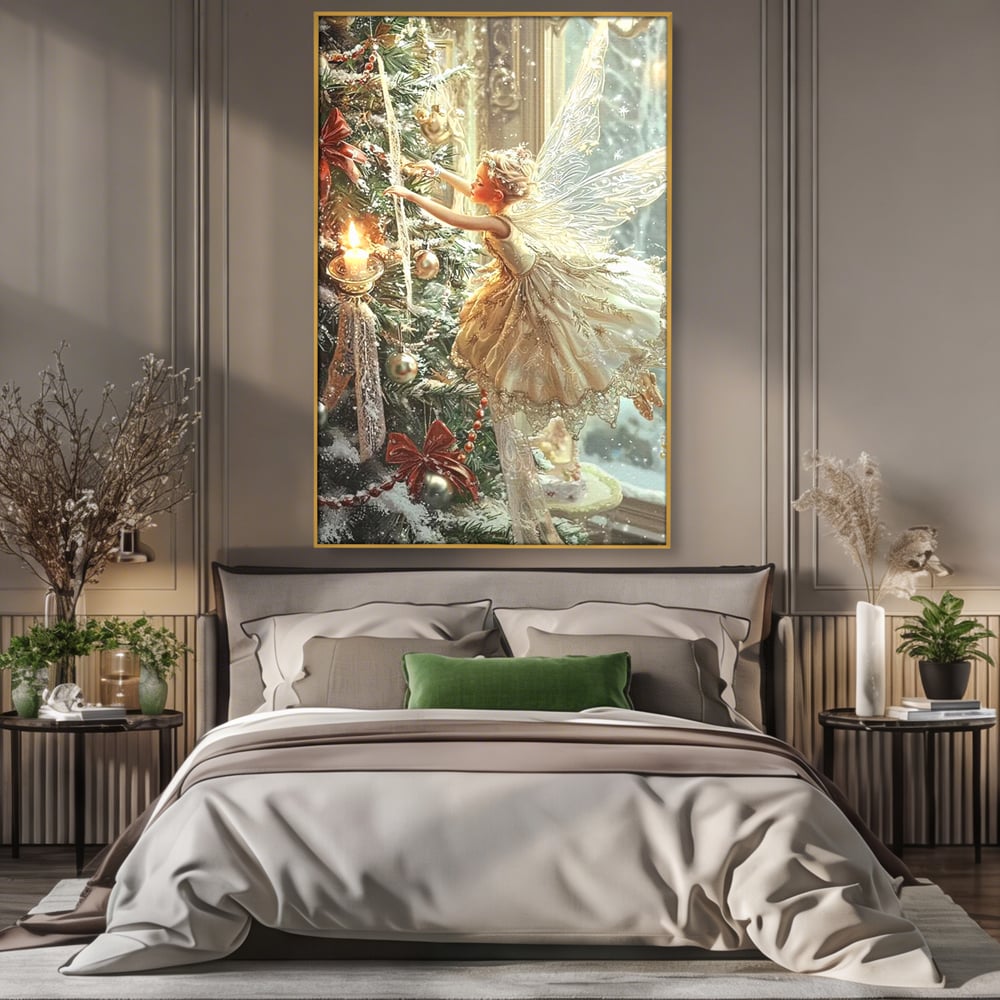 Leinwand Wandkunst Canvas Premium, LuxCanva® D1124, Weihnachtsfee, Flügel, Fenster, Flügel, Flügel, Fenster, Tanne, Staub, Sterne, Magie, Tanz, Märchen, Märchen, Tanzen, Märchen, Engel, Fee, Wunder, Weihnachten, Wohnen, Schlafzimmer
