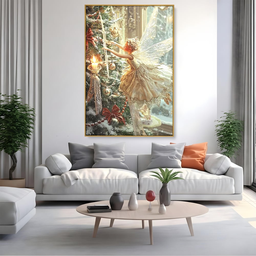 Leinwand Wandkunst Canvas Premium, LuxCanva® D1124, Weihnachtsfee, Flügel, Fenster, Flügel, Flügel, Fenster, Tanne, Staub, Sterne, Magie, Tanz, Märchen, Märchen, Tanzen, Märchen, Engel, Fee, Wunder, Weihnachten, Wohnen, Schlafzimmer