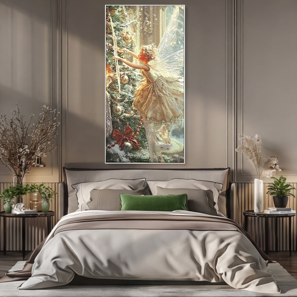 Leinwand Wandkunst Canvas Premium, LuxCanva® D1124, Weihnachtsfee, Flügel, Fenster, Flügel, Flügel, Fenster, Tanne, Staub, Sterne, Magie, Tanz, Märchen, Märchen, Tanzen, Märchen, Engel, Fee, Wunder, Weihnachten, Wohnen, Schlafzimmer