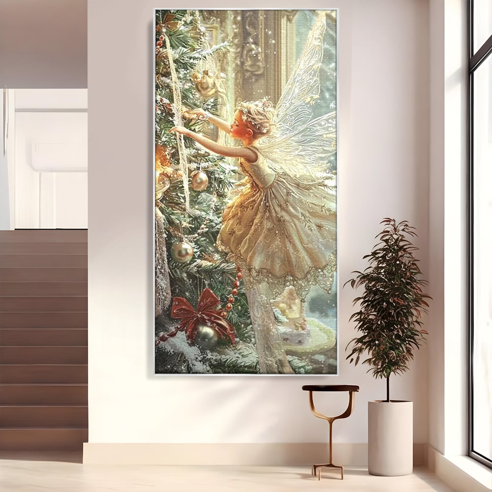 Leinwand Wandkunst Canvas Premium, LuxCanva® D1124, Weihnachtsfee, Flügel, Fenster, Flügel, Flügel, Fenster, Tanne, Staub, Sterne, Magie, Tanz, Märchen, Märchen, Tanzen, Märchen, Engel, Fee, Wunder, Weihnachten, Wohnen, Schlafzimmer