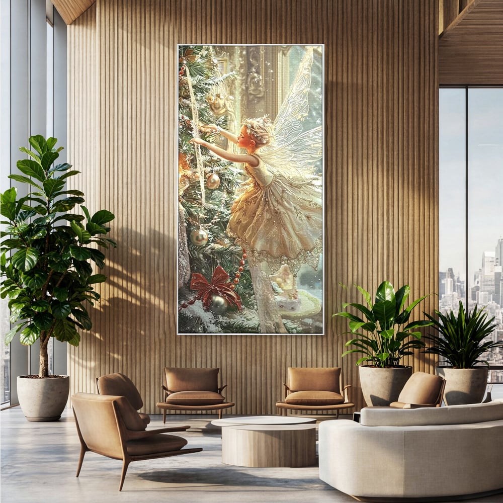 Leinwand Wandkunst Canvas Premium, LuxCanva® D1124, Weihnachtsfee, Flügel, Fenster, Flügel, Flügel, Fenster, Tanne, Staub, Sterne, Magie, Tanz, Märchen, Märchen, Tanzen, Märchen, Engel, Fee, Wunder, Weihnachten, Wohnen, Schlafzimmer