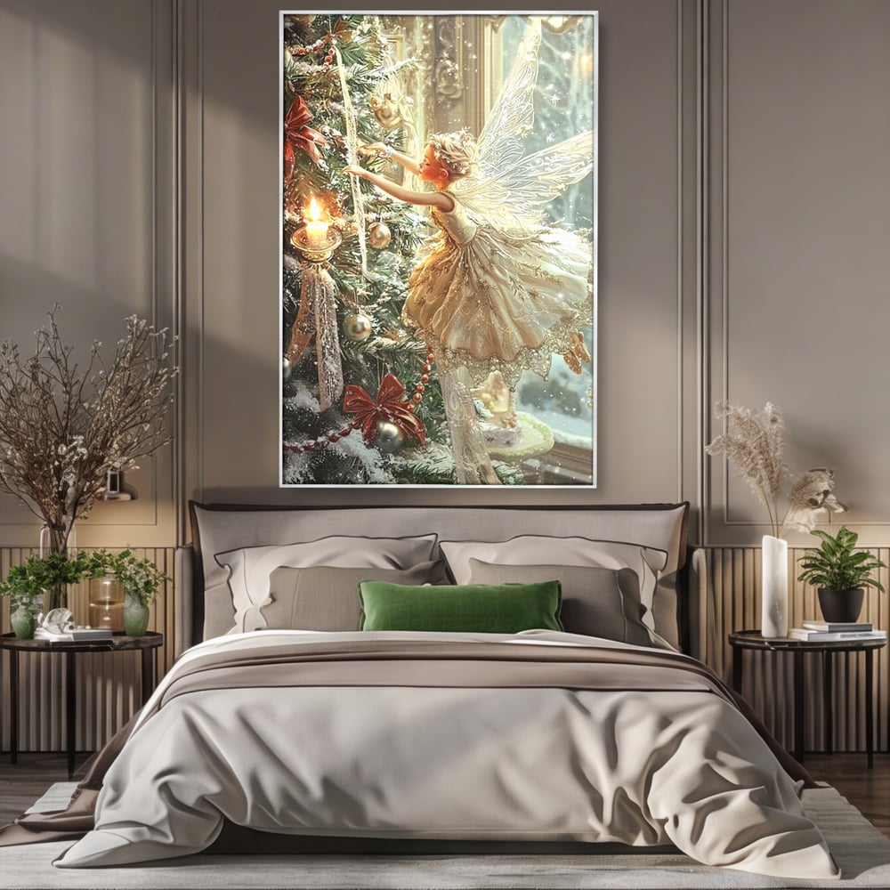 Leinwand Wandkunst Canvas Premium, LuxCanva® D1124, Weihnachtsfee, Flügel, Fenster, Flügel, Flügel, Fenster, Tanne, Staub, Sterne, Magie, Tanz, Märchen, Märchen, Tanzen, Märchen, Engel, Fee, Wunder, Weihnachten, Wohnen, Schlafzimmer
