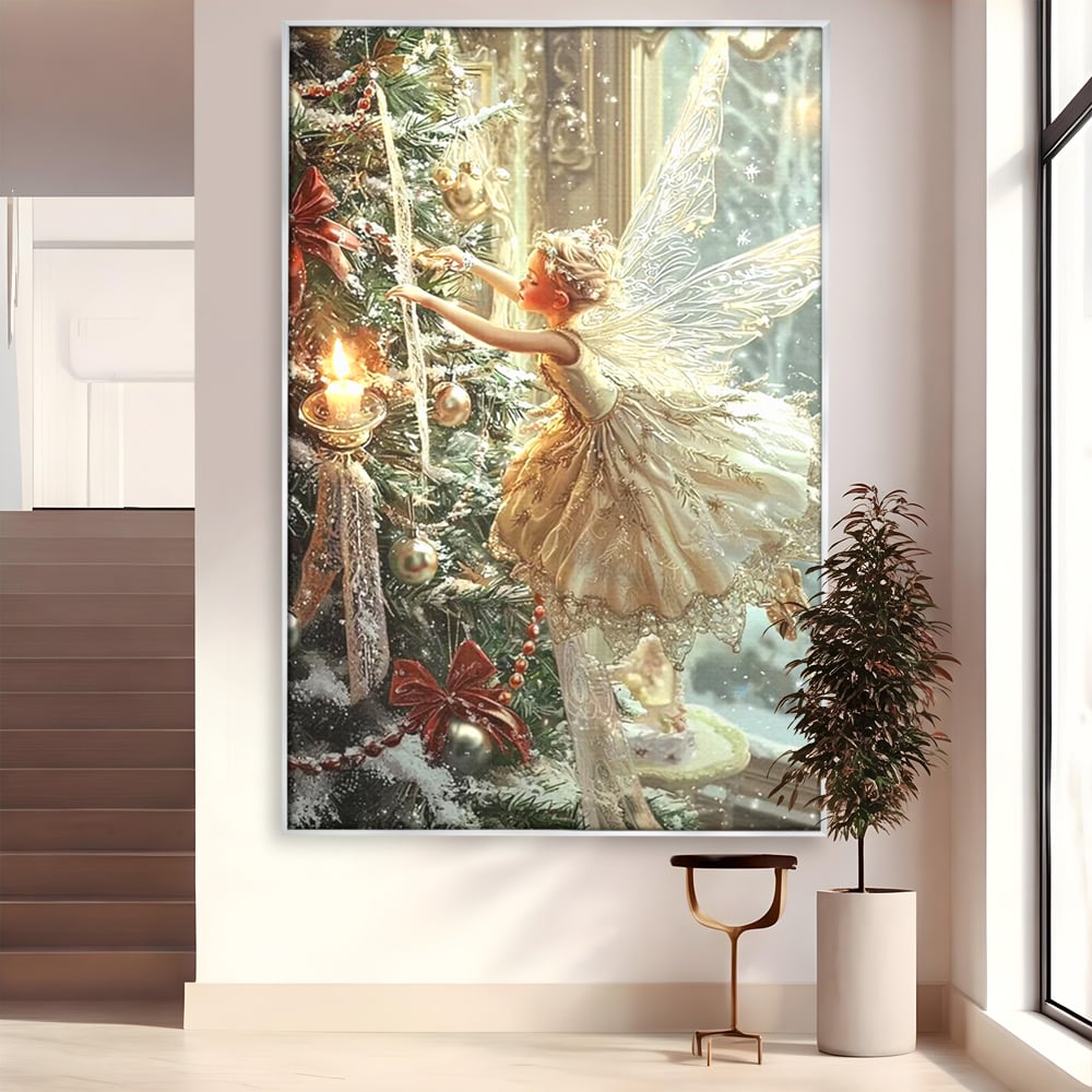 Leinwand Wandkunst Canvas Premium, LuxCanva® D1124, Weihnachtsfee, Flügel, Fenster, Flügel, Flügel, Fenster, Tanne, Staub, Sterne, Magie, Tanz, Märchen, Märchen, Tanzen, Märchen, Engel, Fee, Wunder, Weihnachten, Wohnen, Schlafzimmer