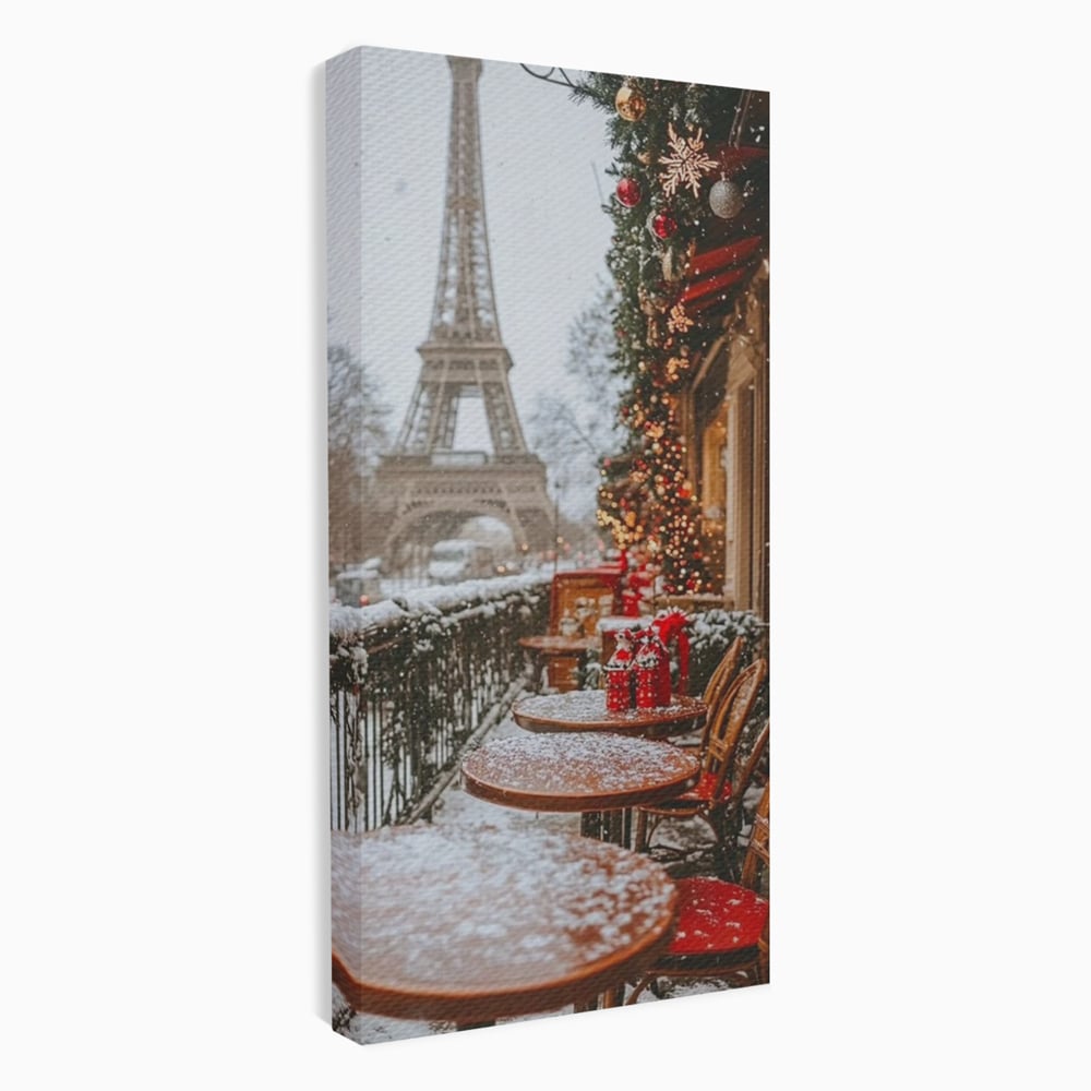 Tablou Canvas Premium, LuxCanva® D1125, Iarna pe Malurile Senei, Zapada, Paris, Romantic, Iarna, Vacanta, Cafenea, Chic, Turn, Eiffel, Ninsoare, Magie, Feerie, Vis, Living, Dormitor