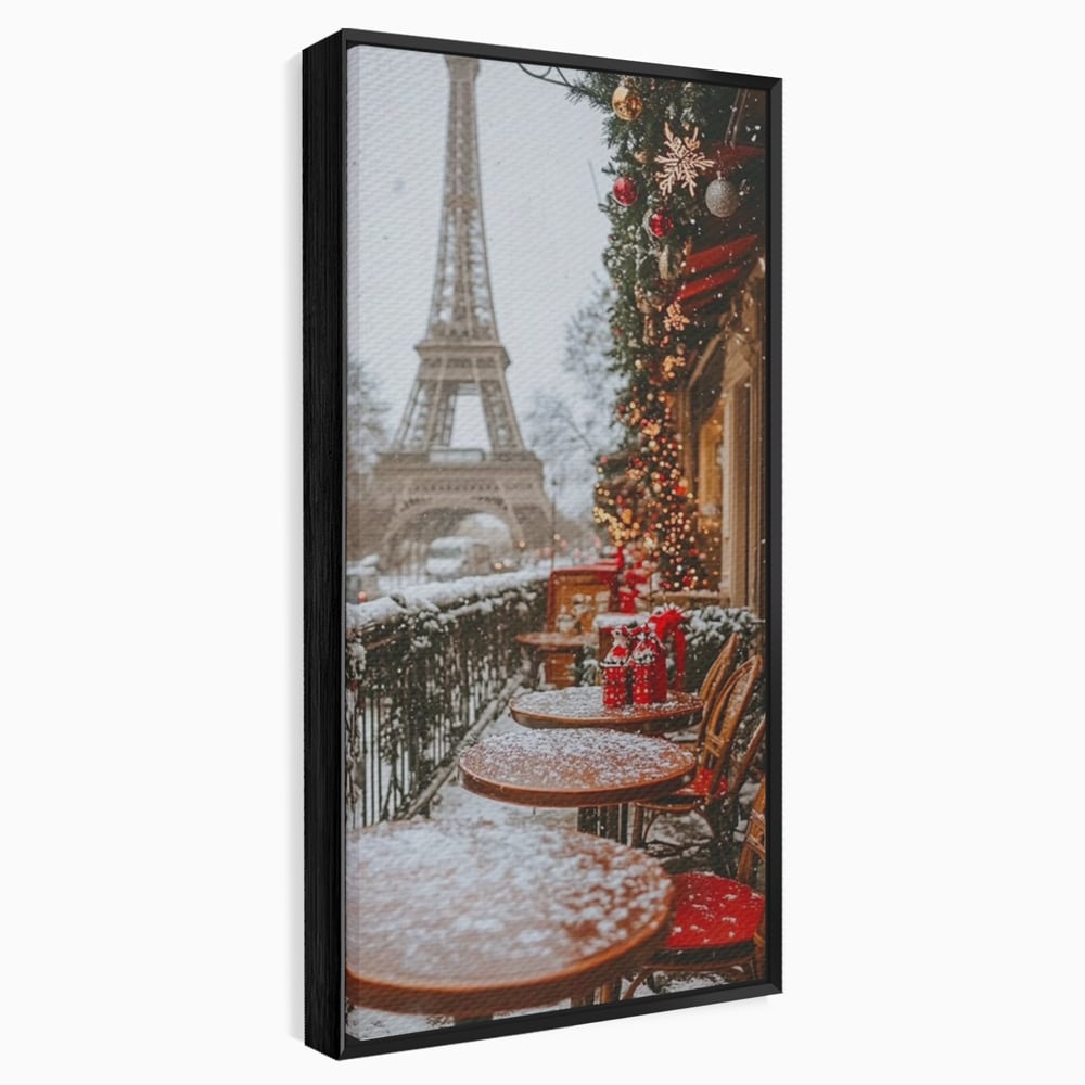 Tablou Canvas Premium, LuxCanva® D1125, Iarna pe Malurile Senei, Zapada, Paris, Romantic, Iarna, Vacanta, Cafenea, Chic, Turn, Eiffel, Ninsoare, Magie, Feerie, Vis, Living, Dormitor