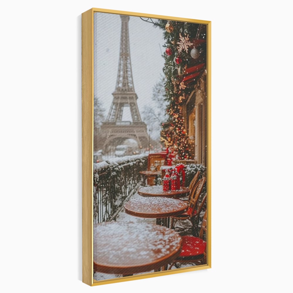 Tablou Canvas Premium, LuxCanva® D1125, Iarna pe Malurile Senei, Zapada, Paris, Romantic, Iarna, Vacanta, Cafenea, Chic, Turn, Eiffel, Ninsoare, Magie, Feerie, Vis, Living, Dormitor