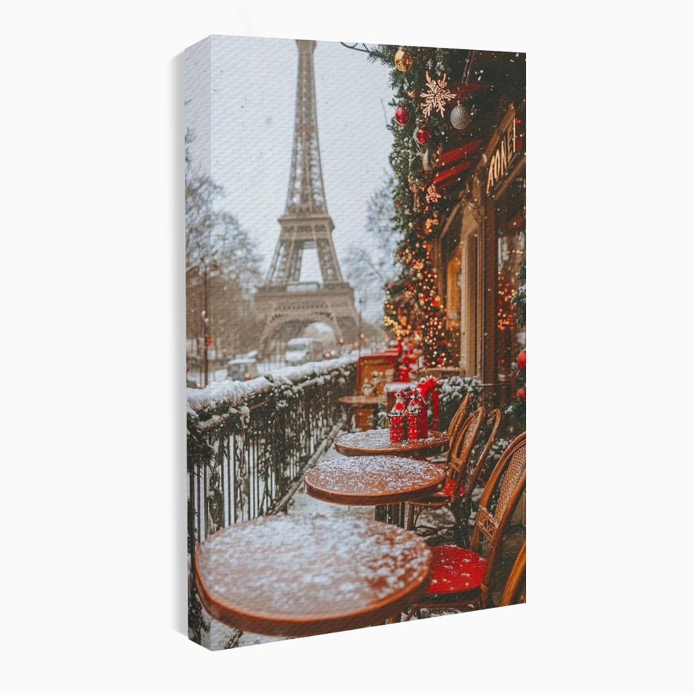 Tablou Canvas Premium, LuxCanva® D1125, Iarna pe Malurile Senei, Zapada, Paris, Romantic, Iarna, Vacanta, Cafenea, Chic, Turn, Eiffel, Ninsoare, Magie, Feerie, Vis, Living, Dormitor