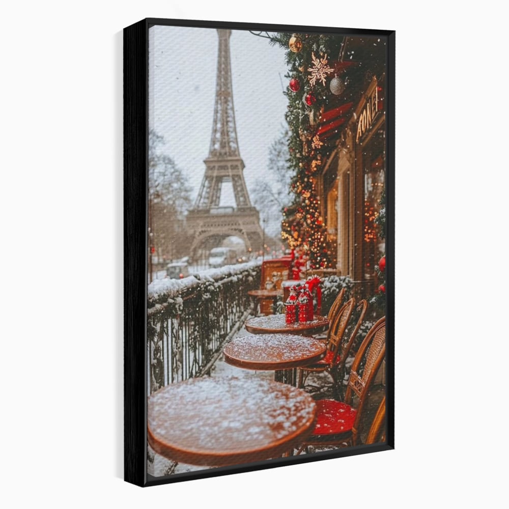 Tablou Canvas Premium, LuxCanva® D1125, Iarna pe Malurile Senei, Zapada, Paris, Romantic, Iarna, Vacanta, Cafenea, Chic, Turn, Eiffel, Ninsoare, Magie, Feerie, Vis, Living, Dormitor