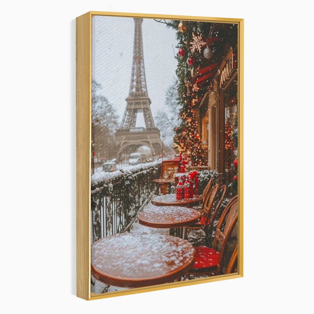Tablou Canvas Premium, LuxCanva® D1125, Iarna pe Malurile Senei, Zapada, Paris, Romantic, Iarna, Vacanta, Cafenea, Chic, Turn, Eiffel, Ninsoare, Magie, Feerie, Vis, Living, Dormitor