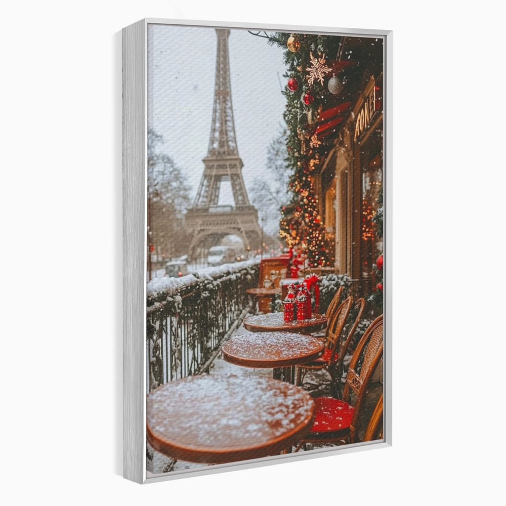 Tablou Canvas Premium, LuxCanva® D1125, Iarna pe Malurile Senei, Zapada, Paris, Romantic, Iarna, Vacanta, Cafenea, Chic, Turn, Eiffel, Ninsoare, Magie, Feerie, Vis, Living, Dormitor