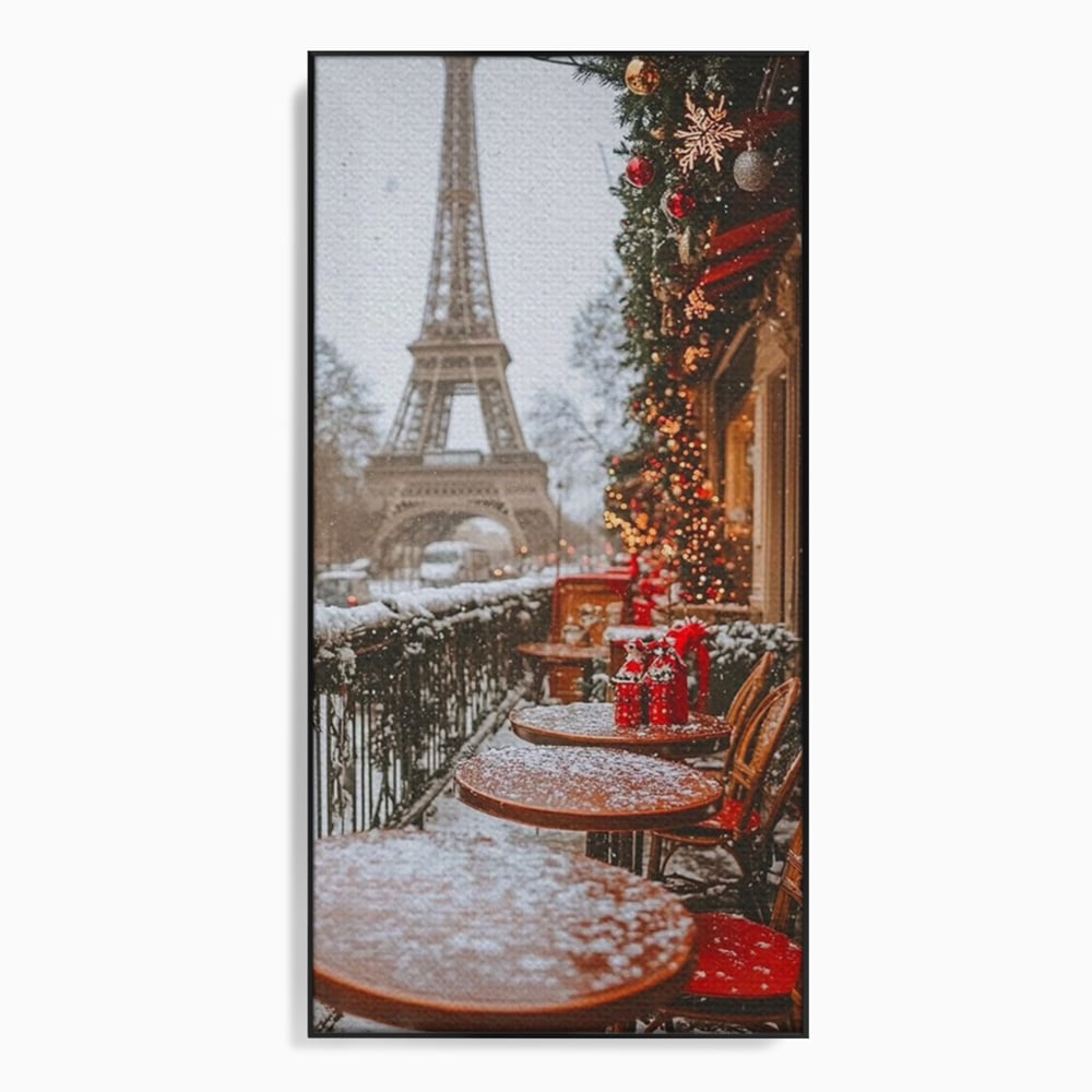 Tablou Canvas Premium, LuxCanva® D1125, Iarna pe Malurile Senei, Zapada, Paris, Romantic, Iarna, Vacanta, Cafenea, Chic, Turn, Eiffel, Ninsoare, Magie, Feerie, Vis, Living, Dormitor