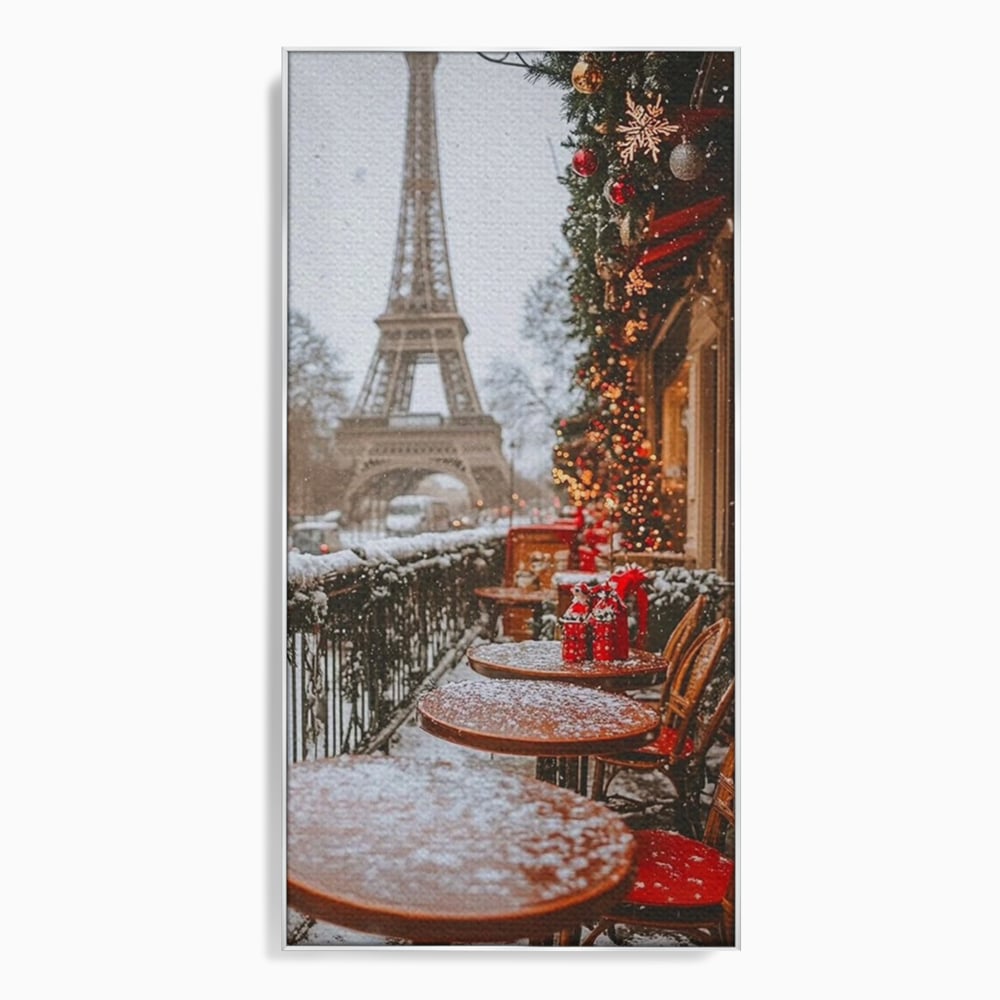 Tablou Canvas Premium, LuxCanva® D1125, Iarna pe Malurile Senei, Zapada, Paris, Romantic, Iarna, Vacanta, Cafenea, Chic, Turn, Eiffel, Ninsoare, Magie, Feerie, Vis, Living, Dormitor