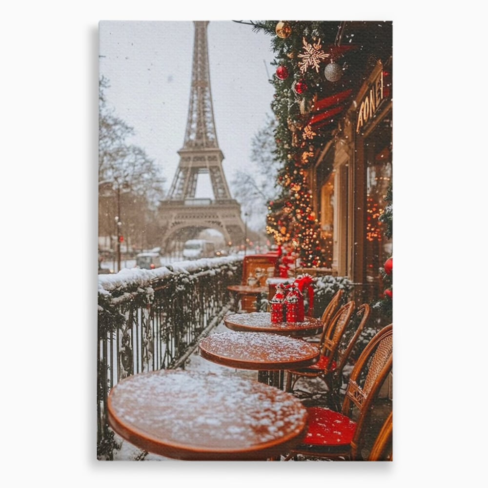 Tablou Canvas Premium, LuxCanva® D1125, Iarna pe Malurile Senei, Zapada, Paris, Romantic, Iarna, Vacanta, Cafenea, Chic, Turn, Eiffel, Ninsoare, Magie, Feerie, Vis, Living, Dormitor