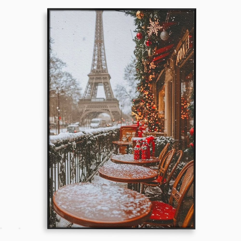 Tablou Canvas Premium, LuxCanva® D1125, Iarna pe Malurile Senei, Zapada, Paris, Romantic, Iarna, Vacanta, Cafenea, Chic, Turn, Eiffel, Ninsoare, Magie, Feerie, Vis, Living, Dormitor
