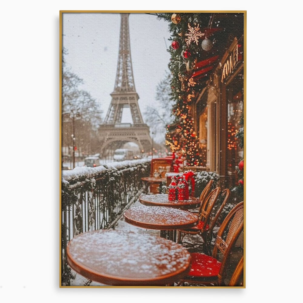 Tablou Canvas Premium, LuxCanva® D1125, Iarna pe Malurile Senei, Zapada, Paris, Romantic, Iarna, Vacanta, Cafenea, Chic, Turn, Eiffel, Ninsoare, Magie, Feerie, Vis, Living, Dormitor