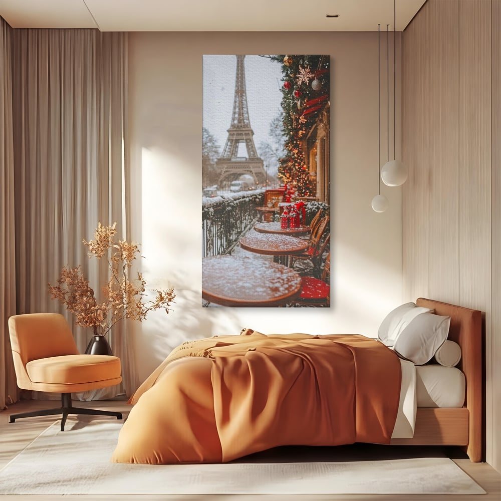 Tablou Canvas Premium, LuxCanva® D1125, Iarna pe Malurile Senei, Zapada, Paris, Romantic, Iarna, Vacanta, Cafenea, Chic, Turn, Eiffel, Ninsoare, Magie, Feerie, Vis, Living, Dormitor