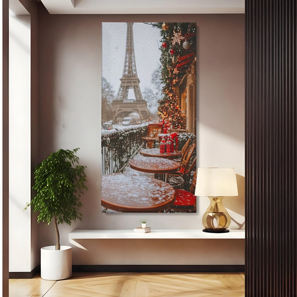 Tablou Canvas Premium, LuxCanva® D1125, Iarna pe Malurile Senei, Zapada, Paris, Romantic, Iarna, Vacanta, Cafenea, Chic, Turn, Eiffel, Ninsoare, Magie, Feerie, Vis, Living, Dormitor