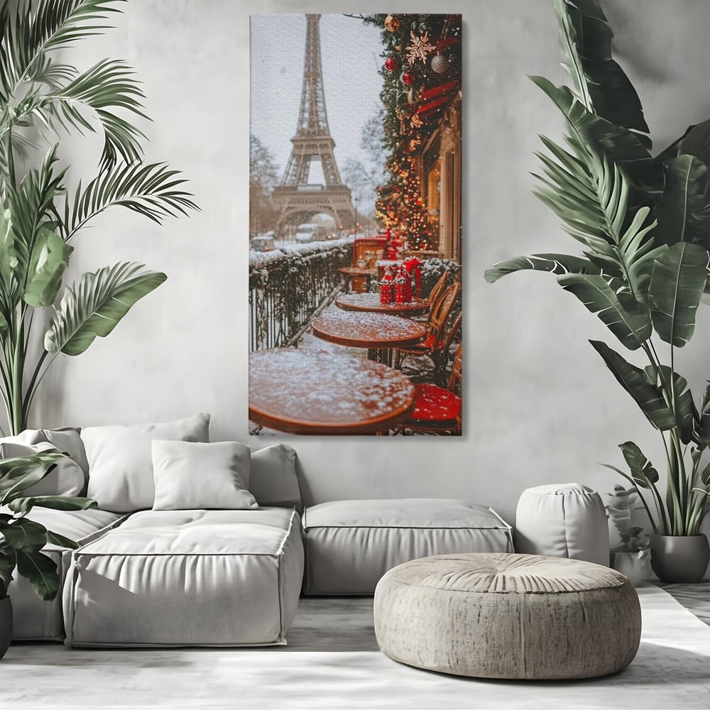 Tablou Canvas Premium, LuxCanva® D1125, Iarna pe Malurile Senei, Zapada, Paris, Romantic, Iarna, Vacanta, Cafenea, Chic, Turn, Eiffel, Ninsoare, Magie, Feerie, Vis, Living, Dormitor