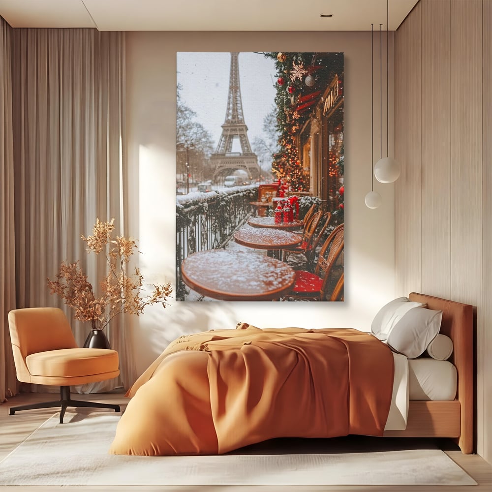 Tablou Canvas Premium, LuxCanva® D1125, Iarna pe Malurile Senei, Zapada, Paris, Romantic, Iarna, Vacanta, Cafenea, Chic, Turn, Eiffel, Ninsoare, Magie, Feerie, Vis, Living, Dormitor